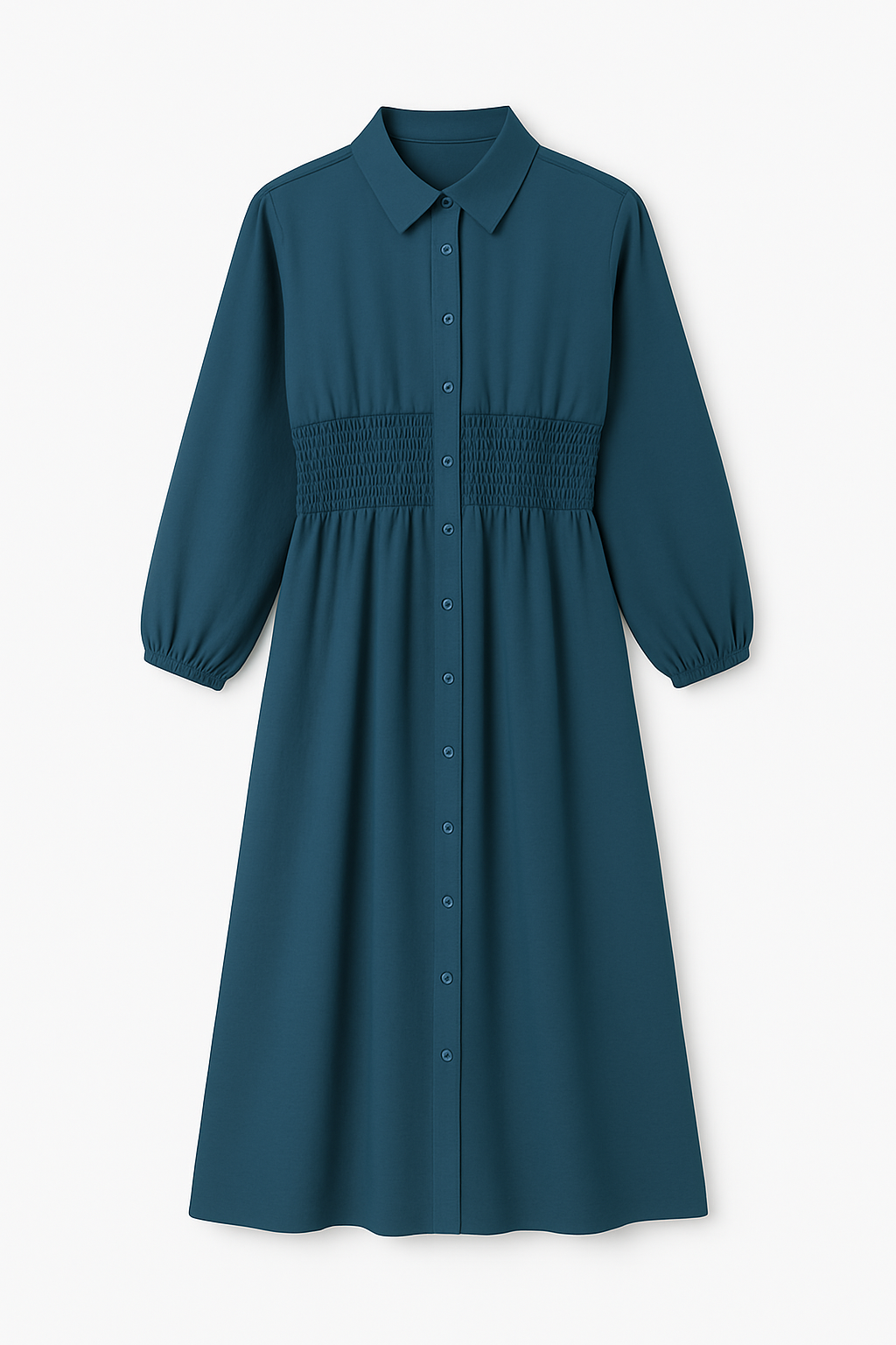 Vestido camisero midi con cintura fruncida