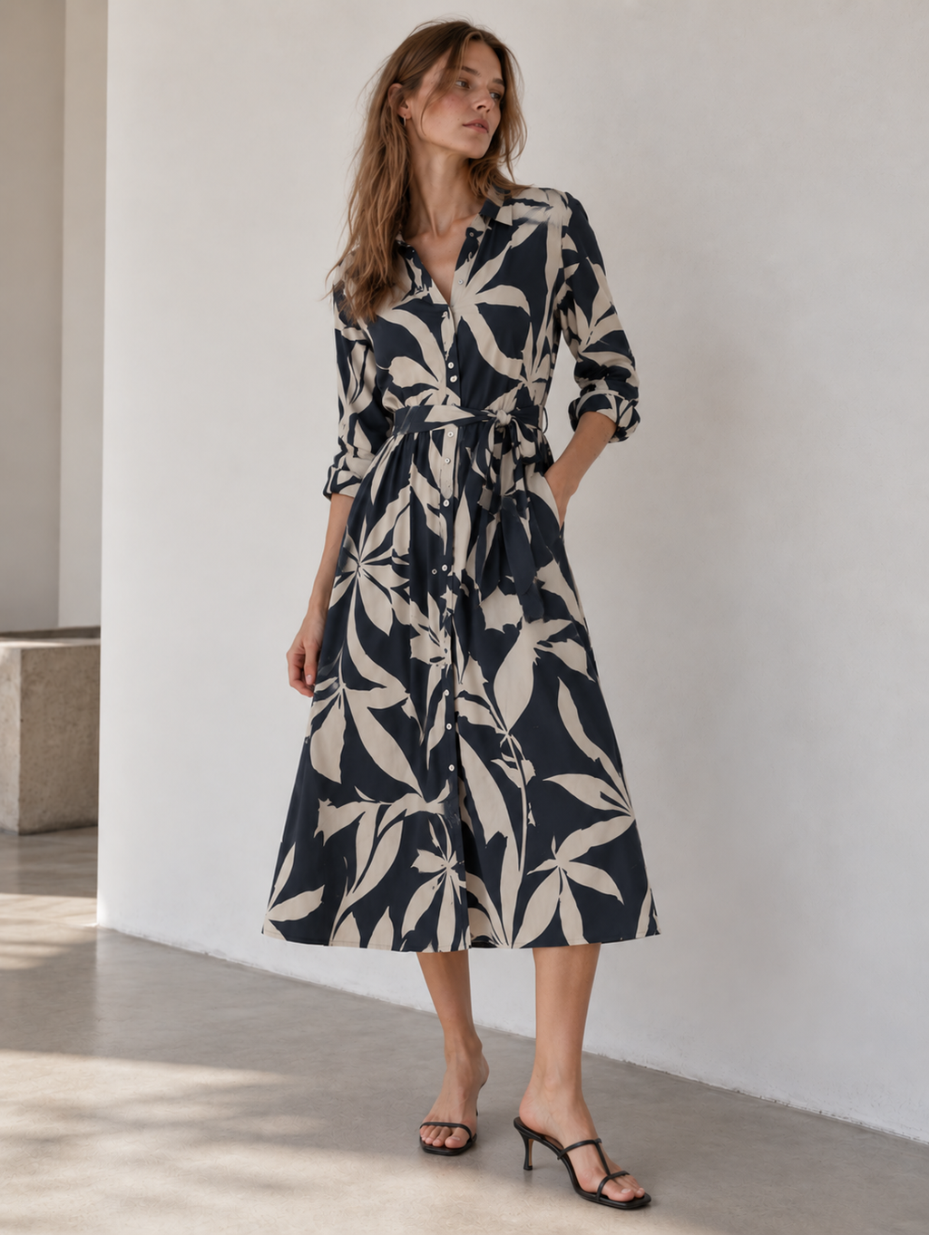 Vestido camisero recto con estampado orgánico