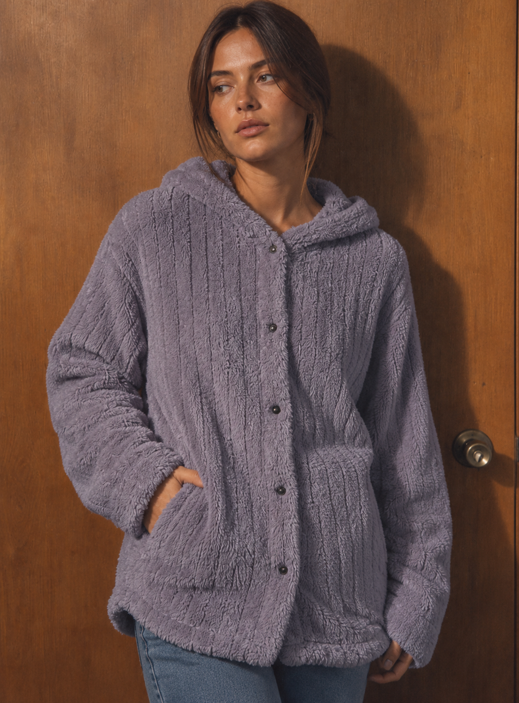 Chaqueta Teddy con Capucha Texturizada