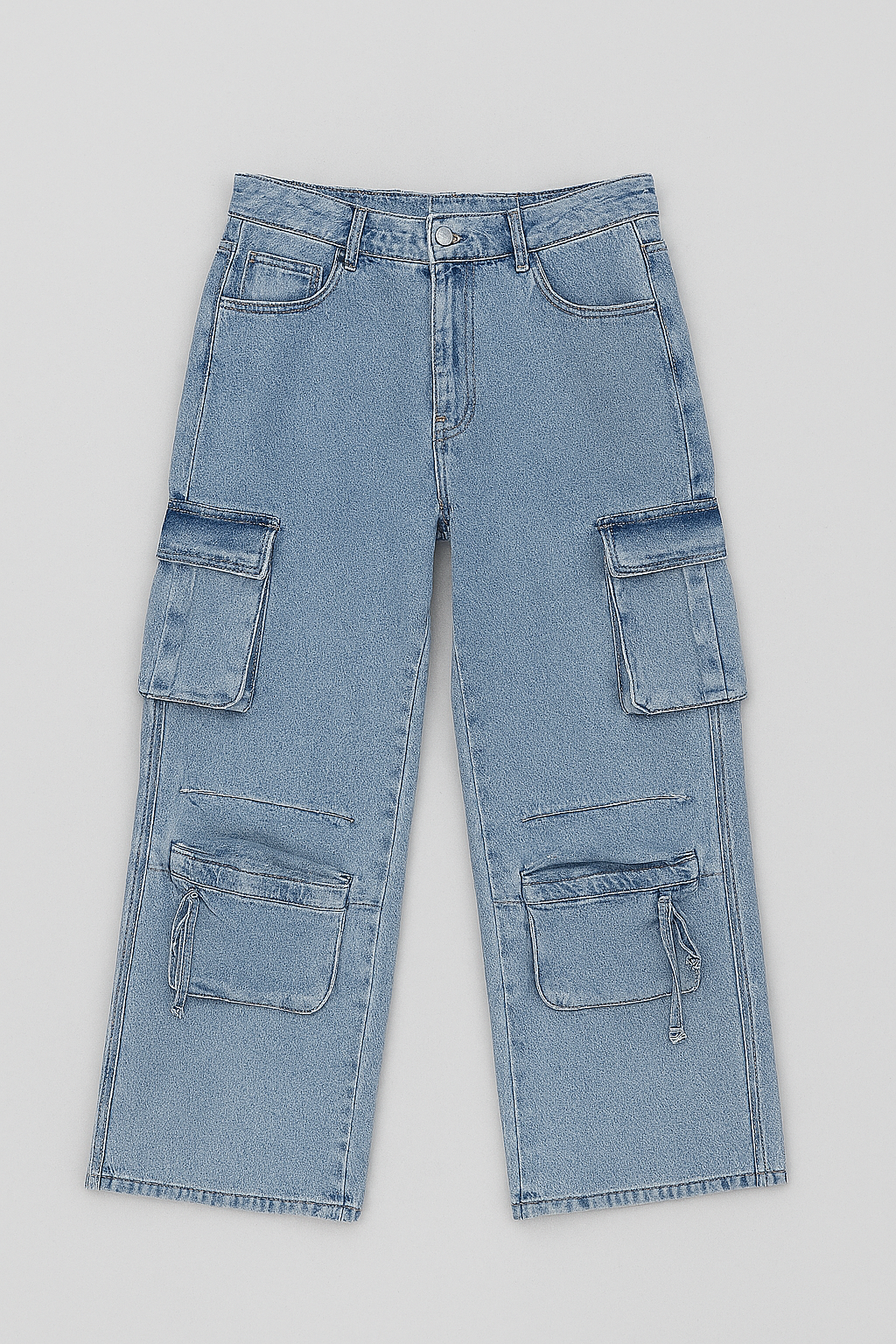 Light blue denim cargo pants on a light gray background