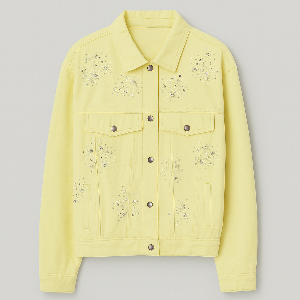 Chaqueta vaquera bordada con pedrería en tonos pastel