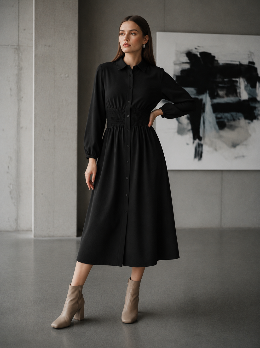 Midi shirt dress with gathered waist