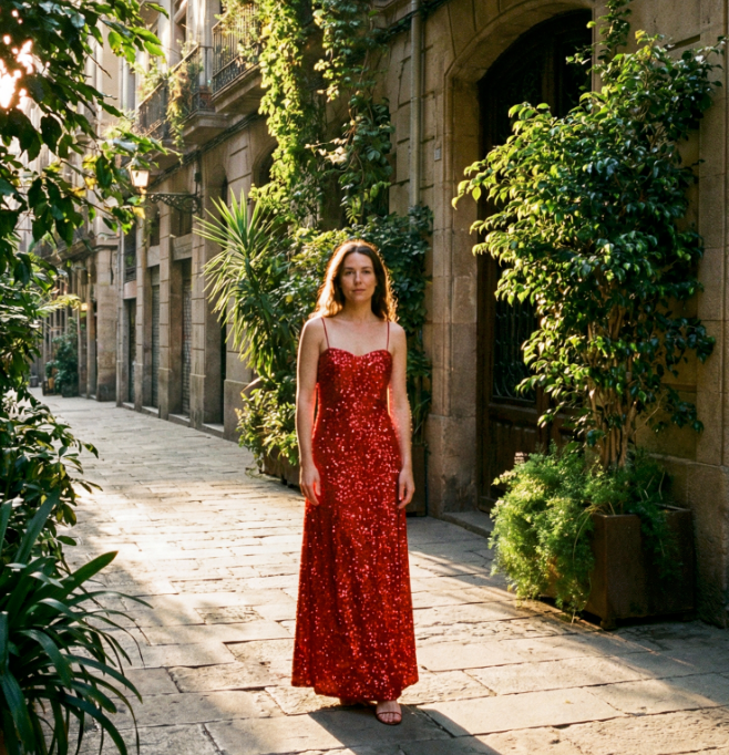 Vestido midi de tirantes con acabado brillante Aura