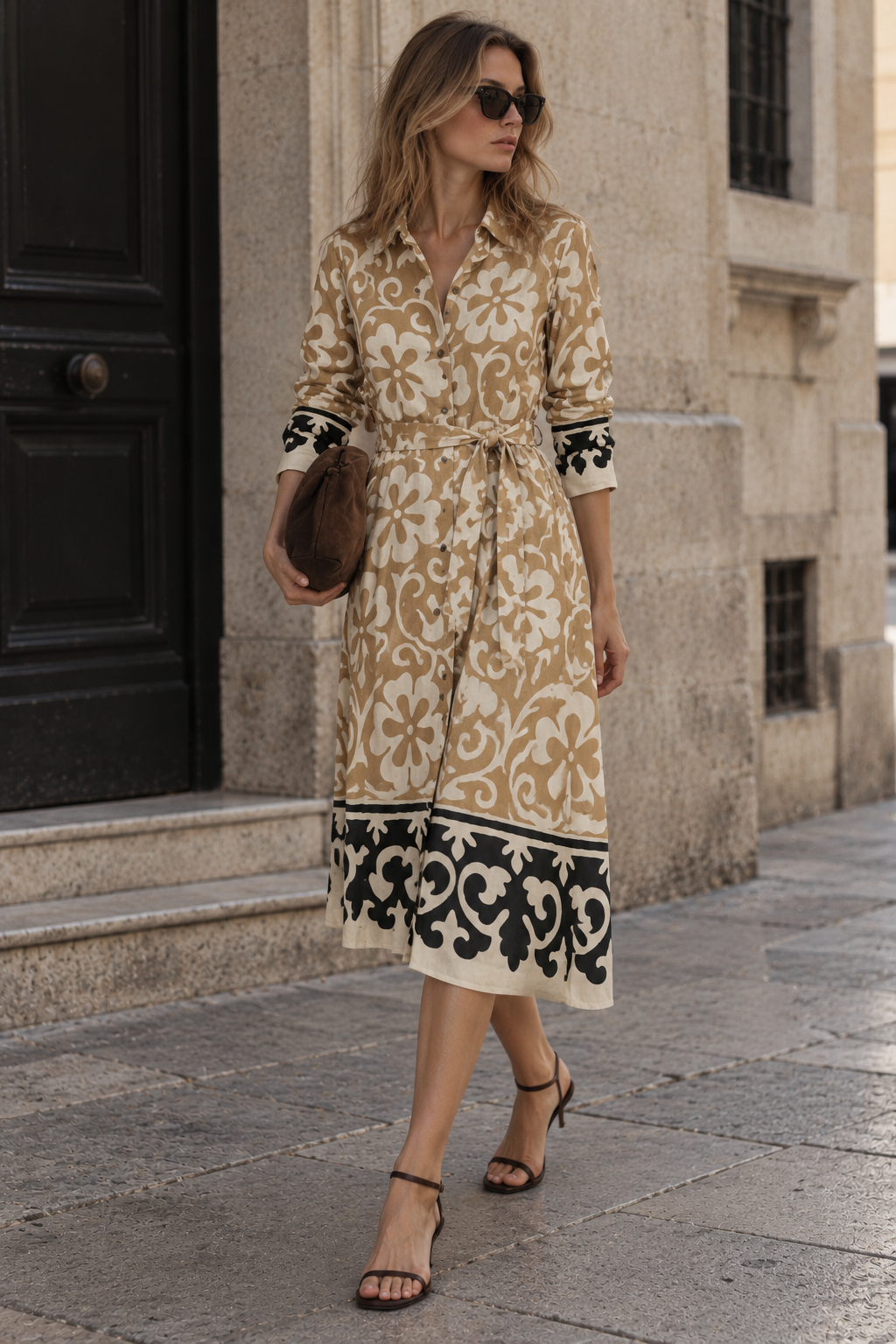 Vestido camisero estampado con cinturón fluido