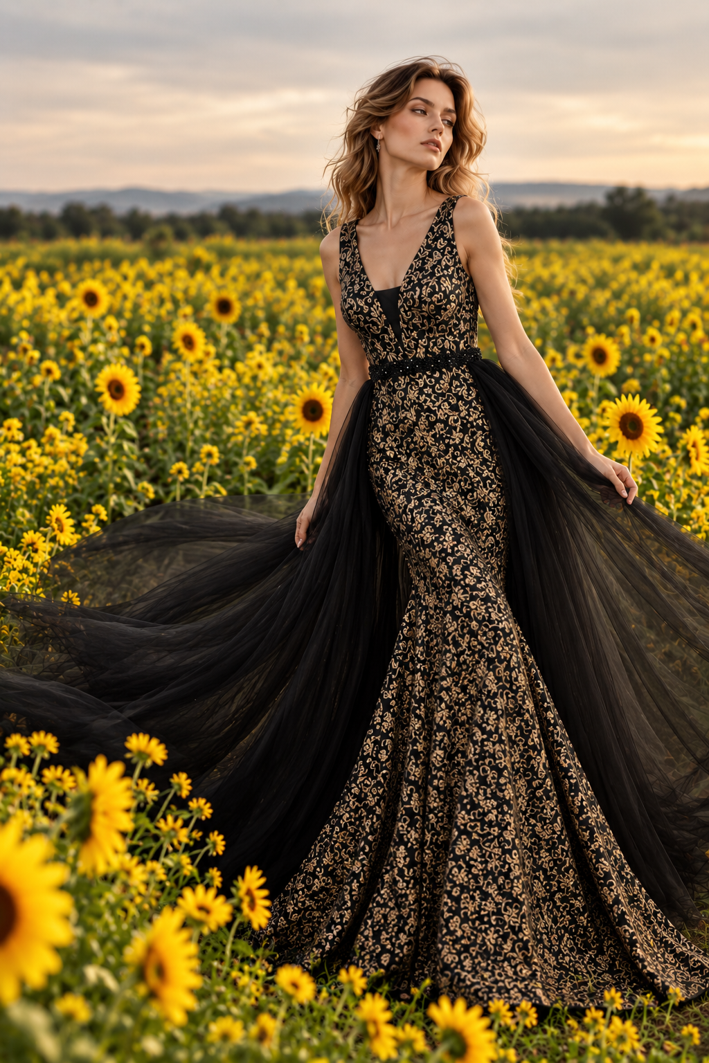 Vestido largo bordado con capa de tul Lumière