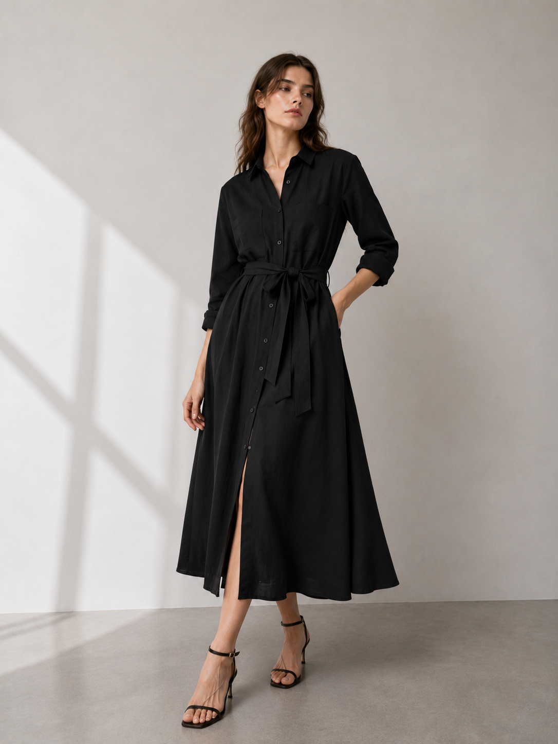 Vestido camisero midi con cinturón
