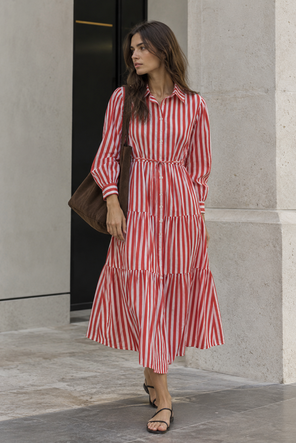 Vestido camisero de rayas fluido con cinturón