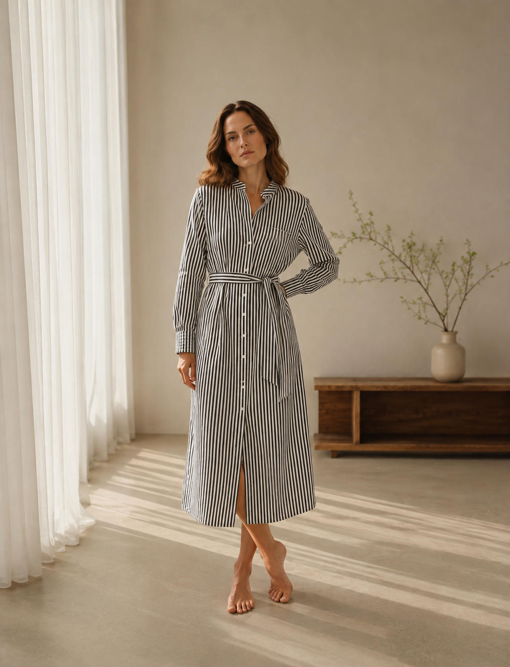 Vestido Camisero Midi de Rayas con Cinturón Ajustable