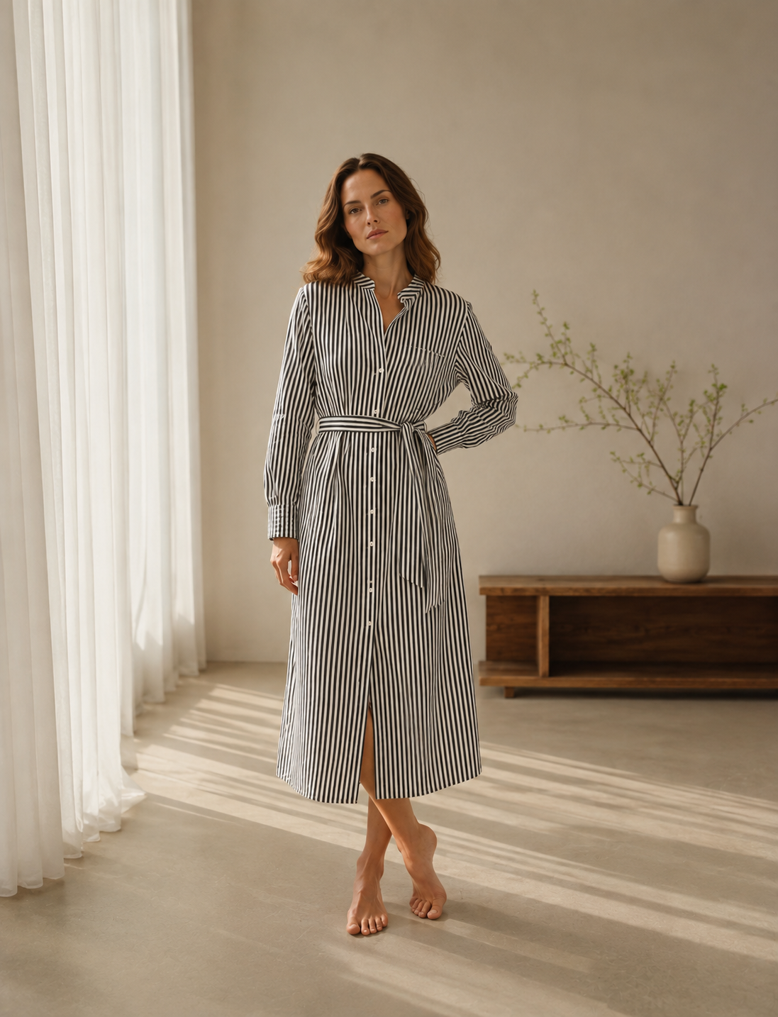 Vestido Camisero Midi de Rayas con Cinturón Ajustable