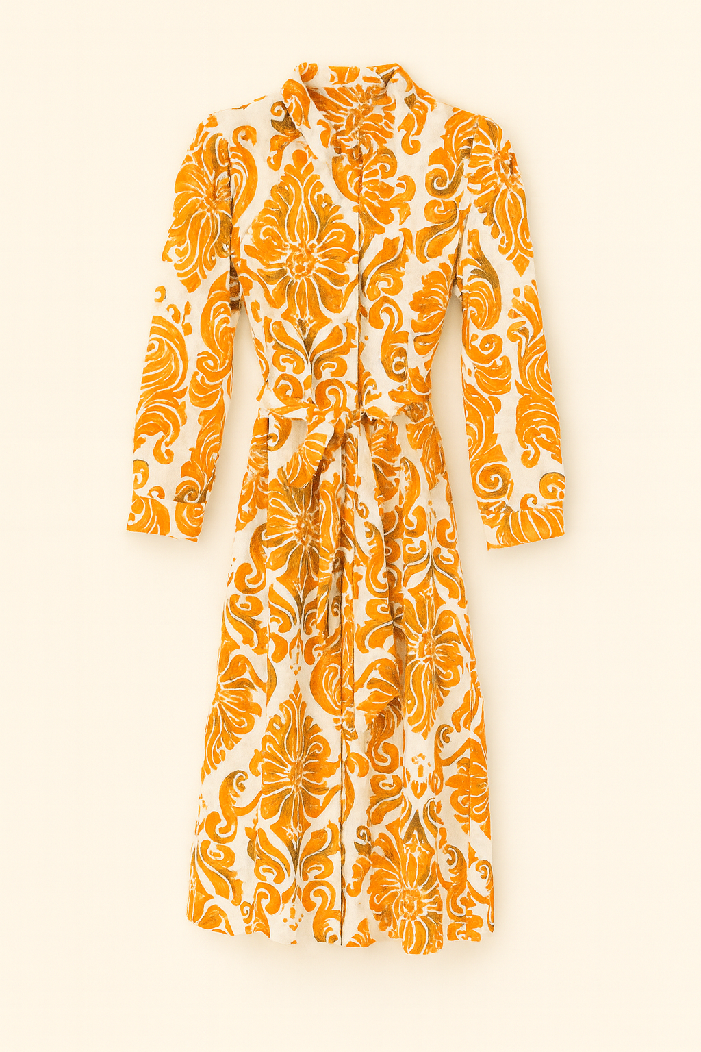 Vestido largo estampado barroco con cinturón