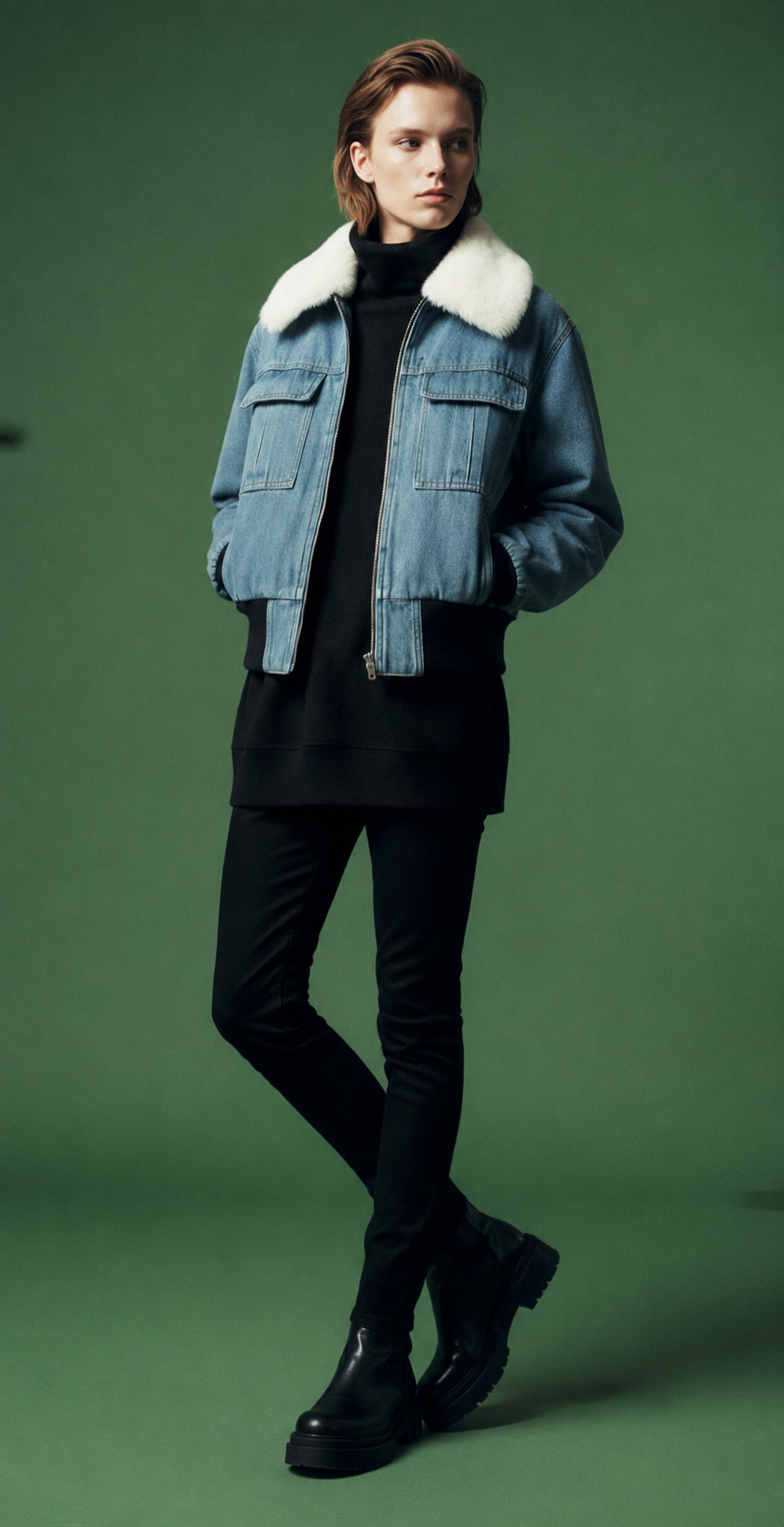 Chaqueta Denim con Cuello de Piel Sintética Blanca