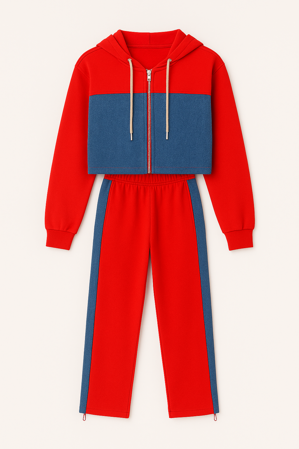 Conjunto con capucha y paneles de mezclilla