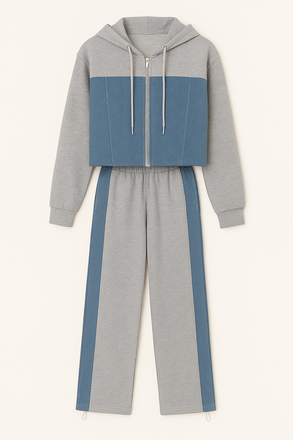 Conjunto con capucha y paneles de mezclilla