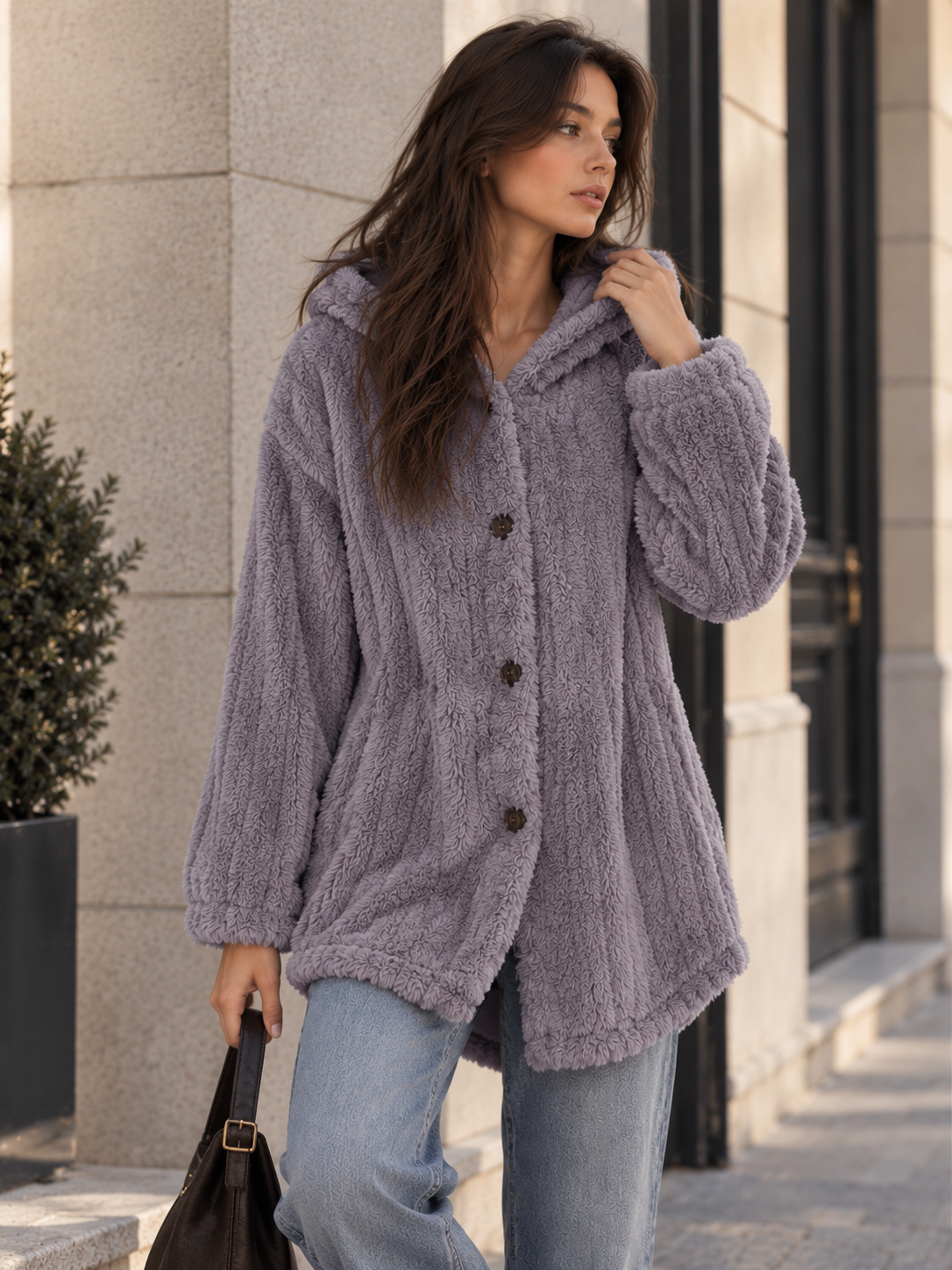 Chaqueta Teddy con Capucha Texturizada