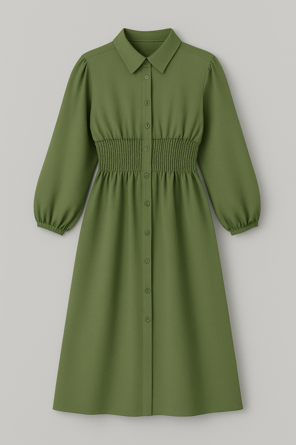 Vestido camisero midi con cintura fruncida