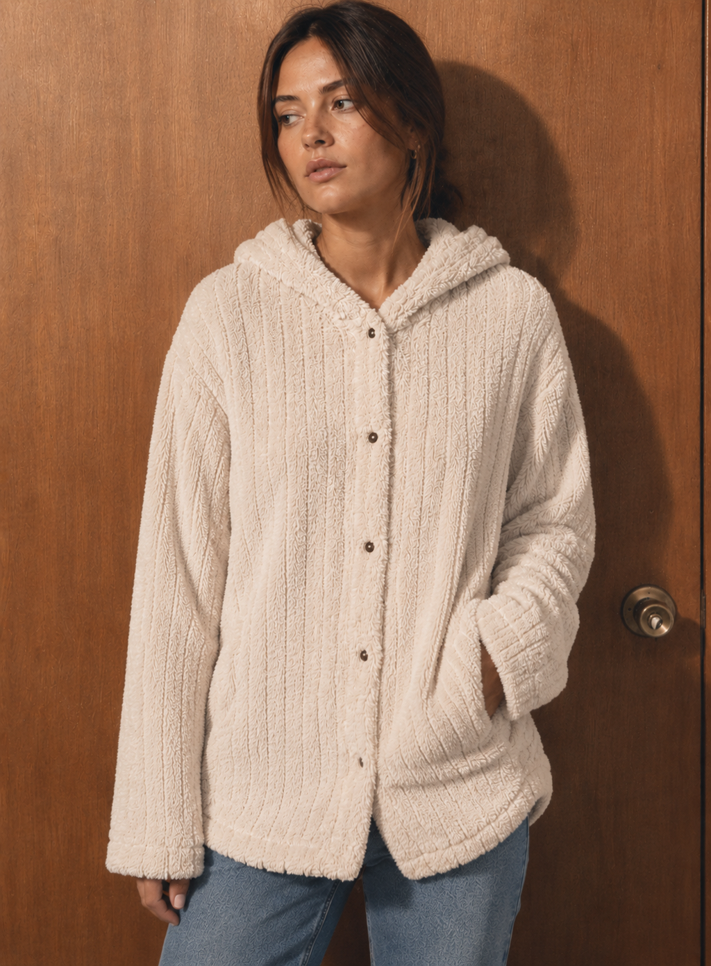 Chaqueta Teddy con Capucha Texturizada