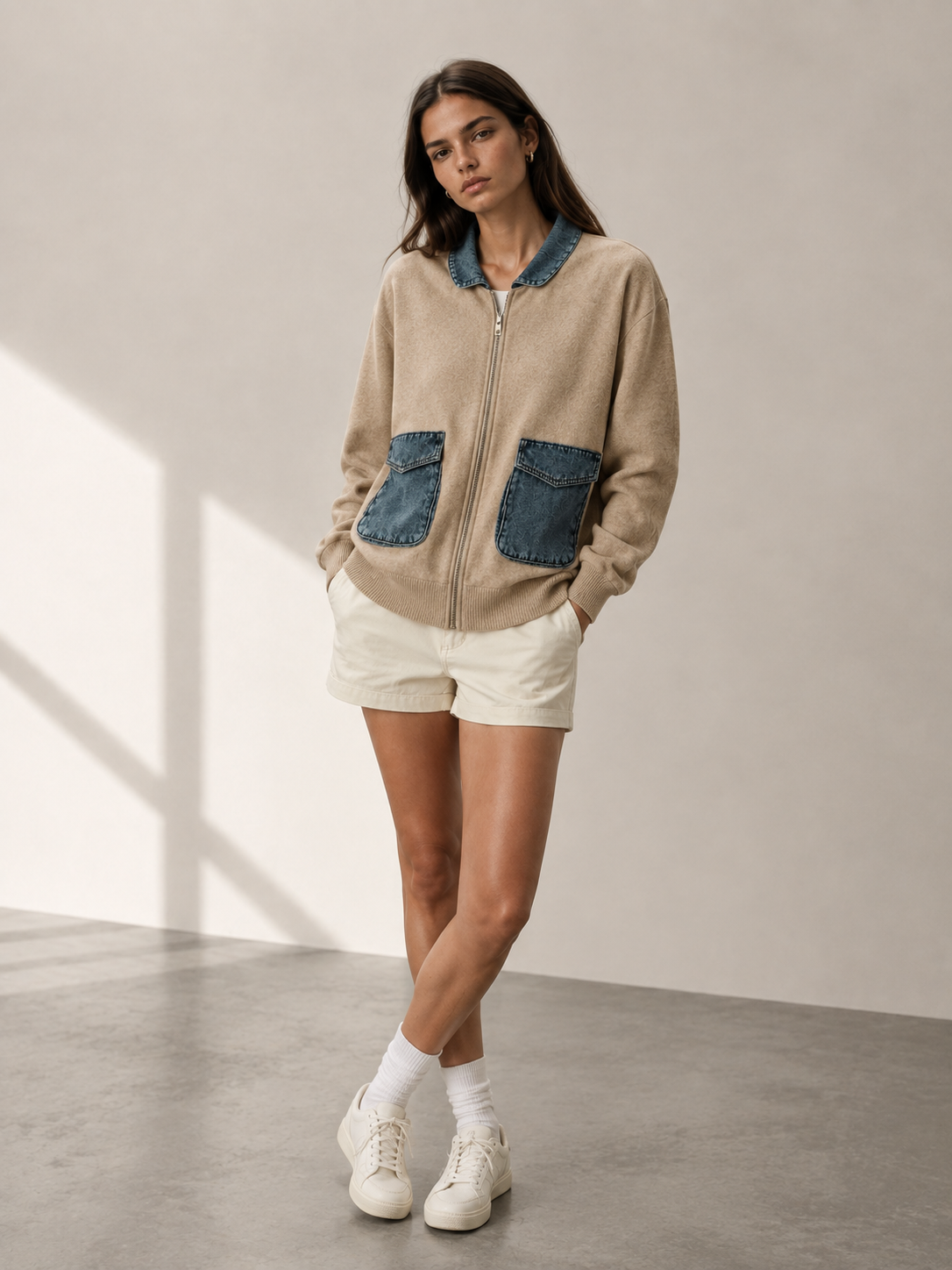 Chaqueta bomber combinada con bolsillos denim