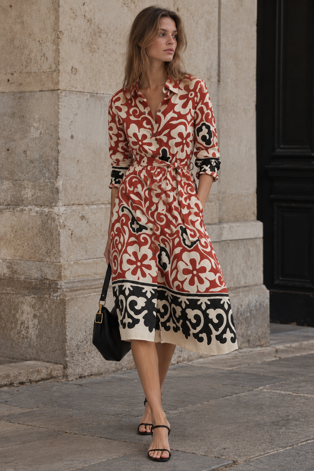 Vestido camisero estampado con cinturón fluido