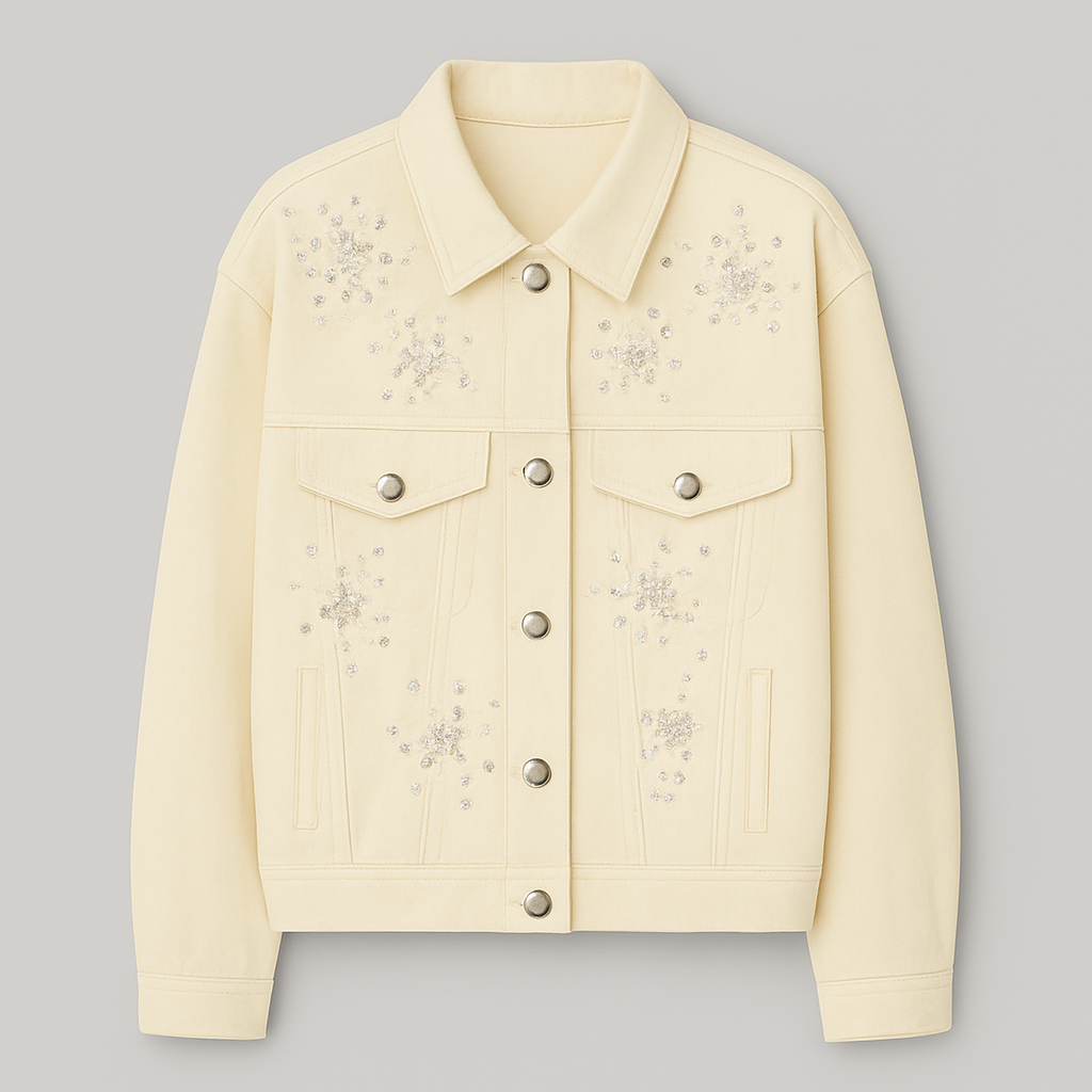 Chaqueta vaquera bordada con pedrería en tonos pastel