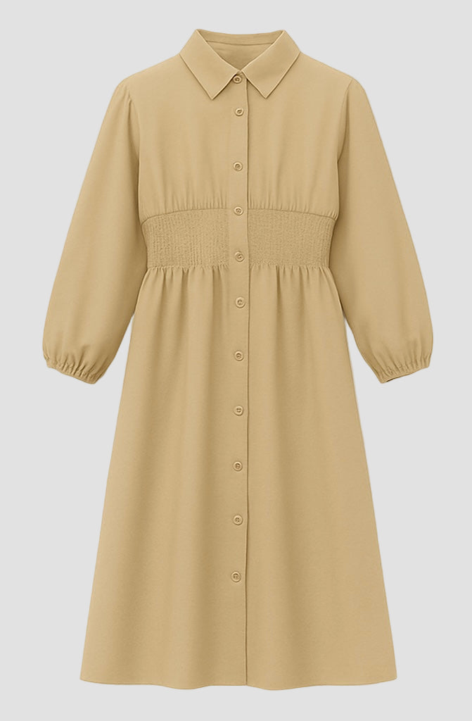 Vestido camisero midi con cintura fruncida