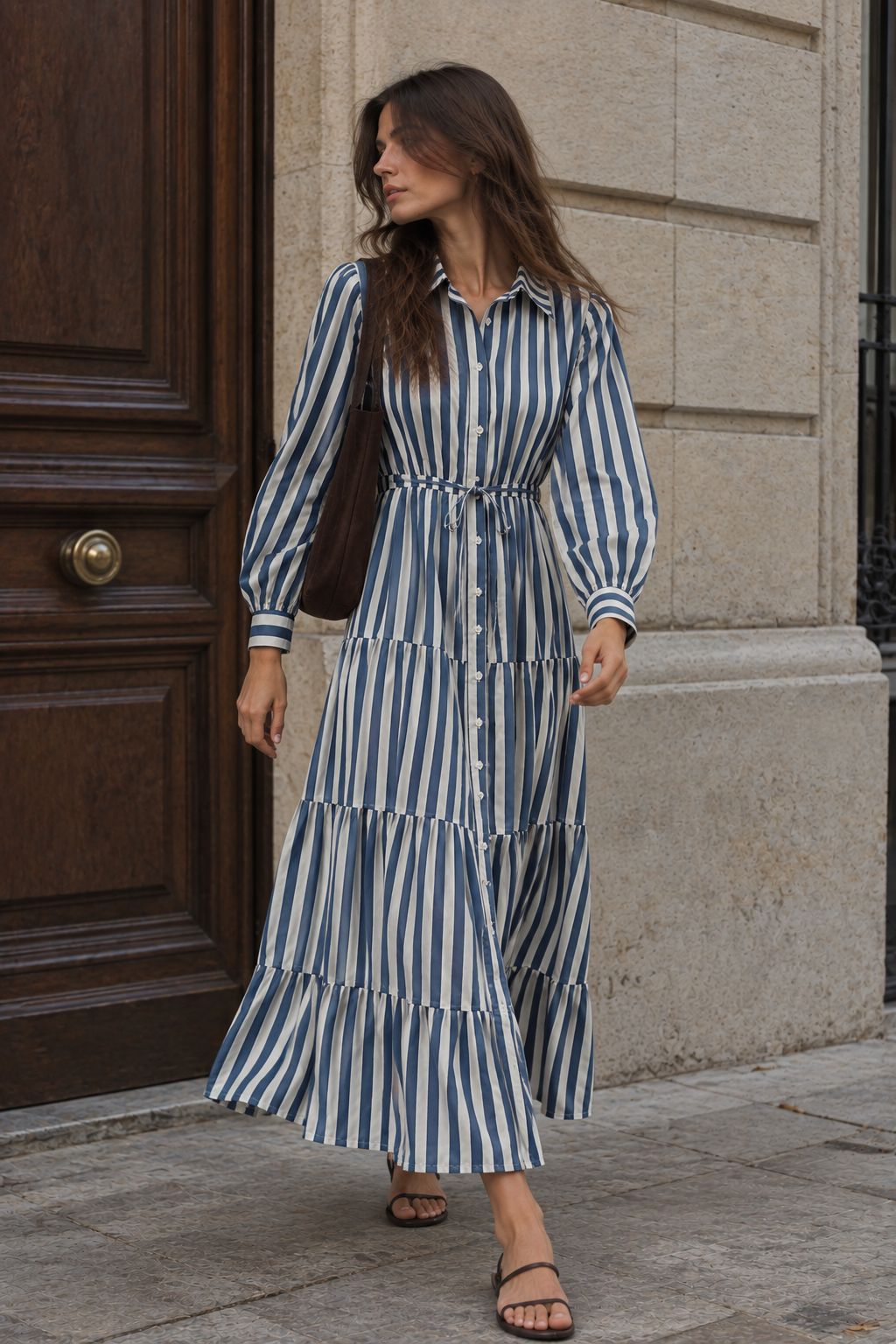 Vestido camisero de rayas fluido con cinturón