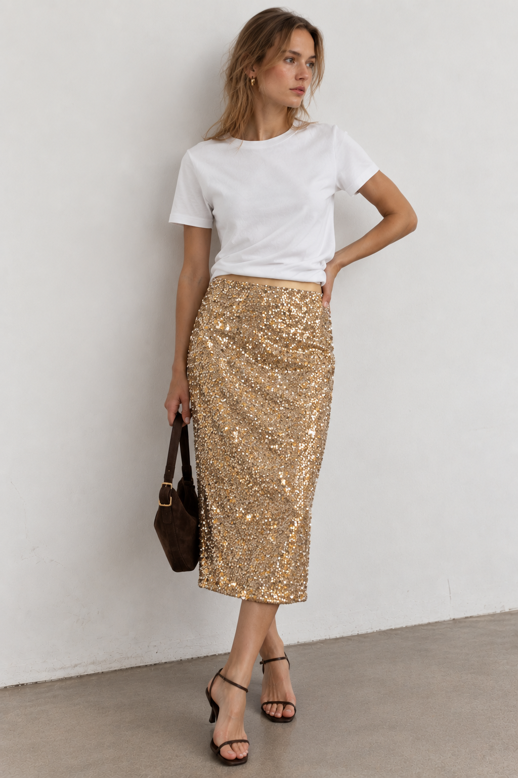 Falda midi Stella brillante de lentejuelas