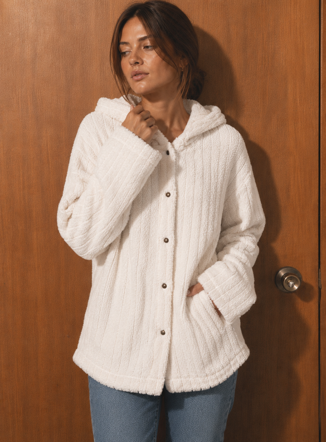 Chaqueta Teddy con Capucha Texturizada