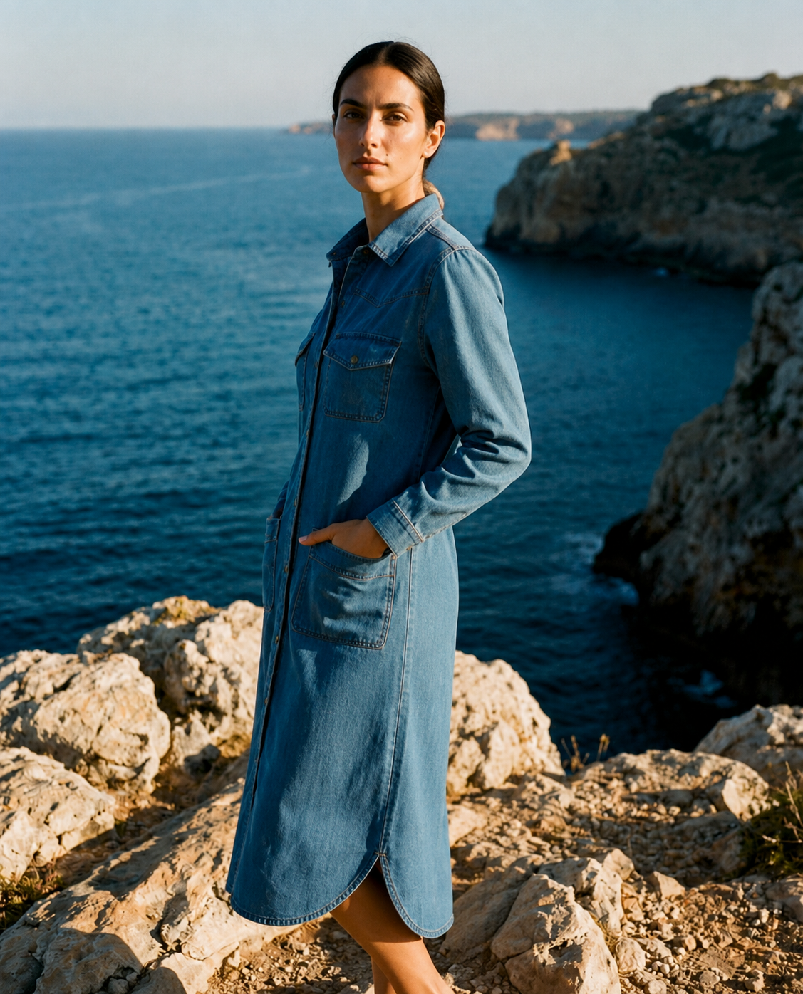 Vestido Camisero Denim Bolsillos Utilitarios