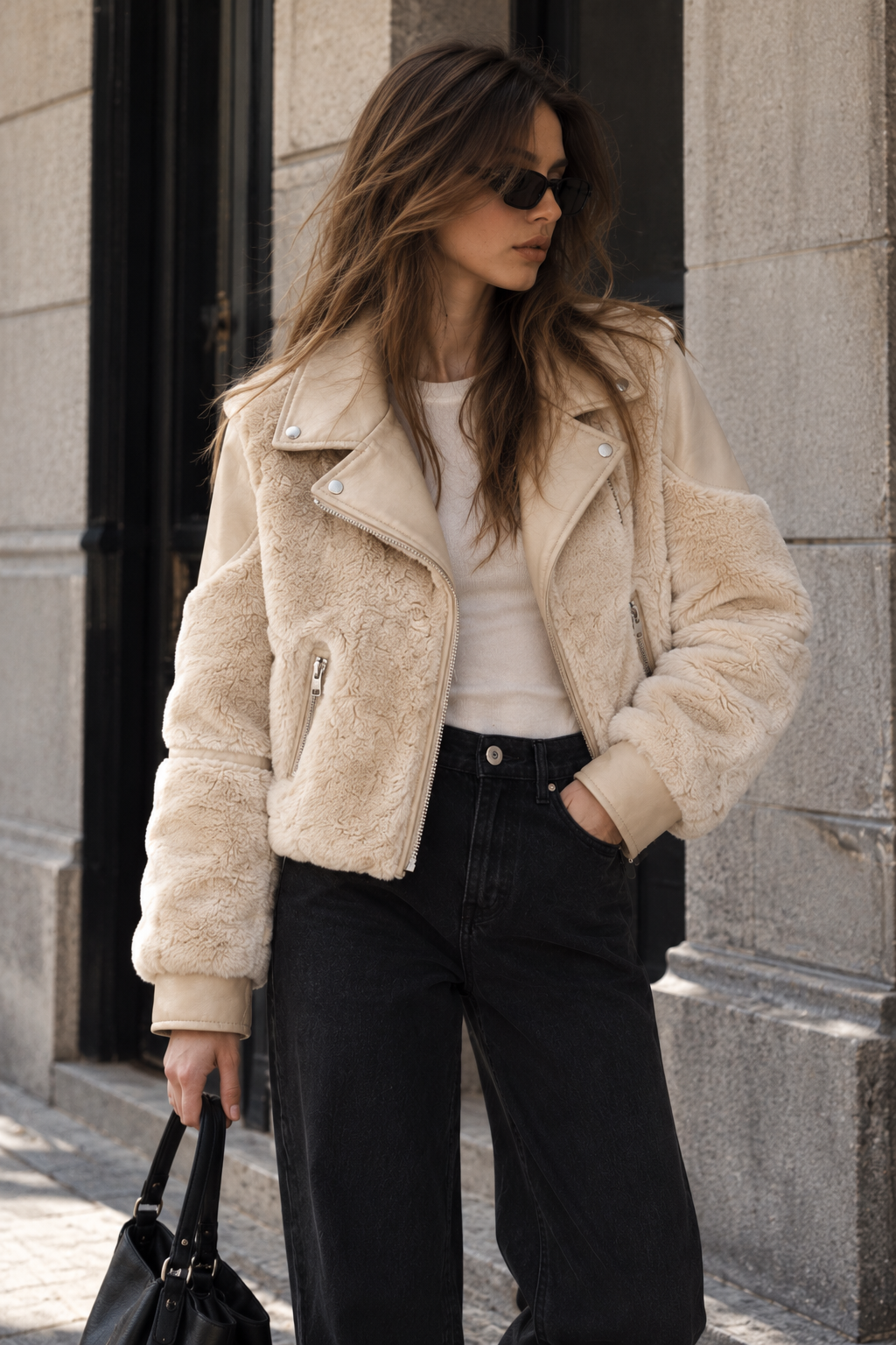 Chaqueta corta efecto pelo con detalles biker