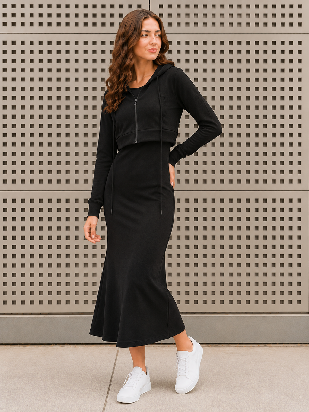 Conjunto Noir Elegance – Sudadera Corta Midi