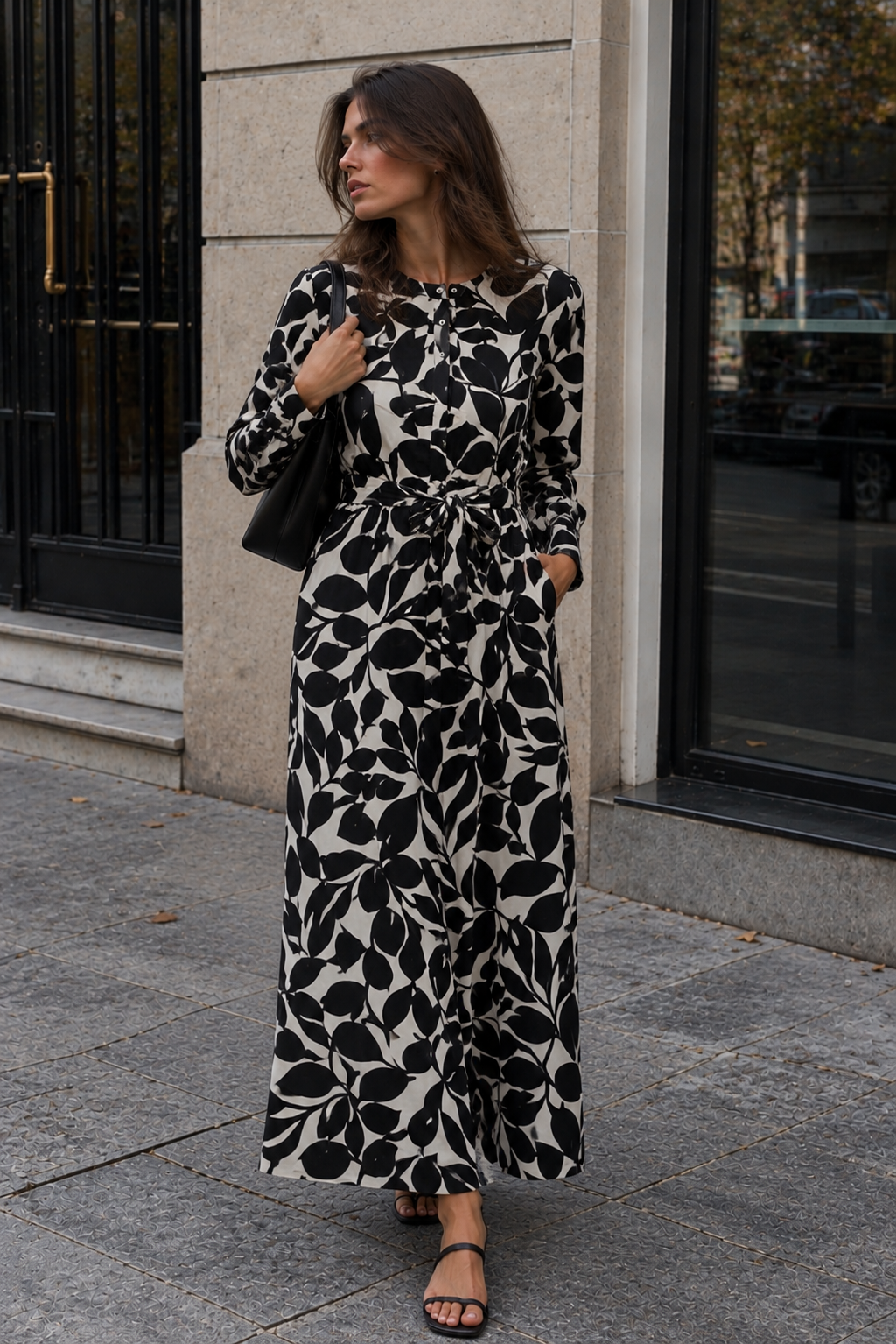 Vestido midi estampado botánico con cintura ajustable