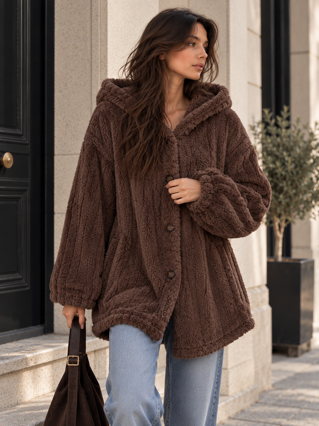 Chaqueta Teddy con Capucha Texturizada
