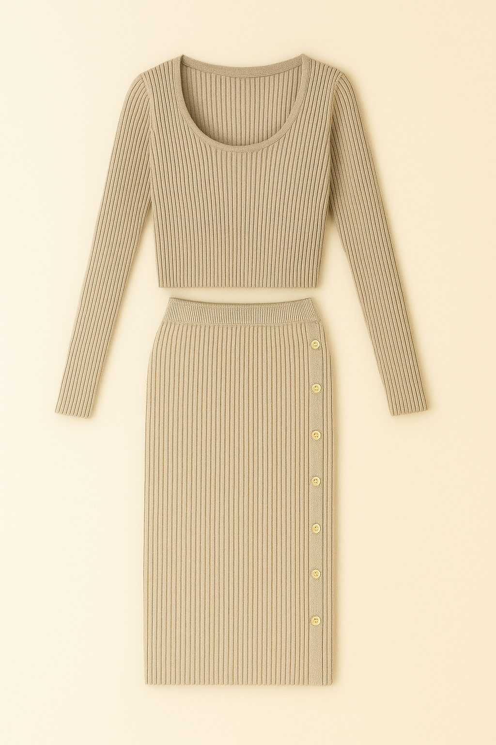 Conjunto punto canalé con falda midi abotonada