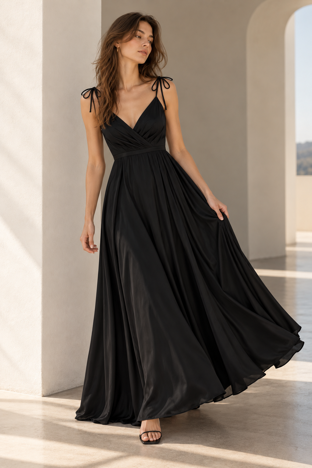 Vestido largo fluido con escote cruzado y tirantes anudados