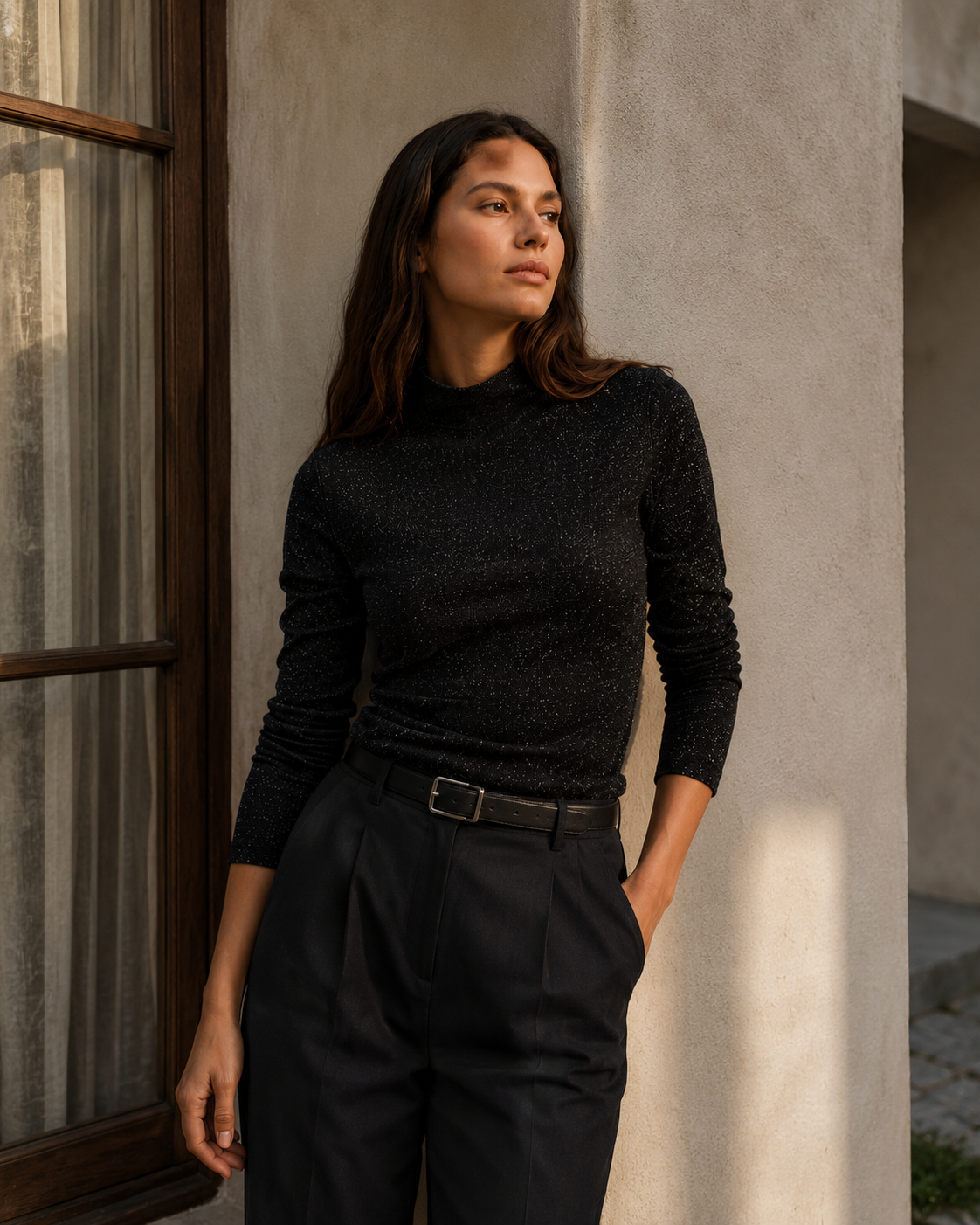 Blusa Brillante de Cuello Alto "Midnight Spark"