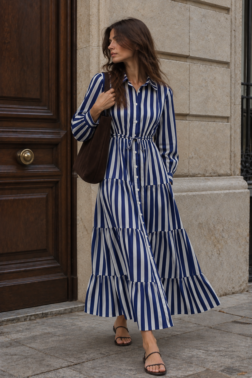 Vestido camisero de rayas fluido con cinturón