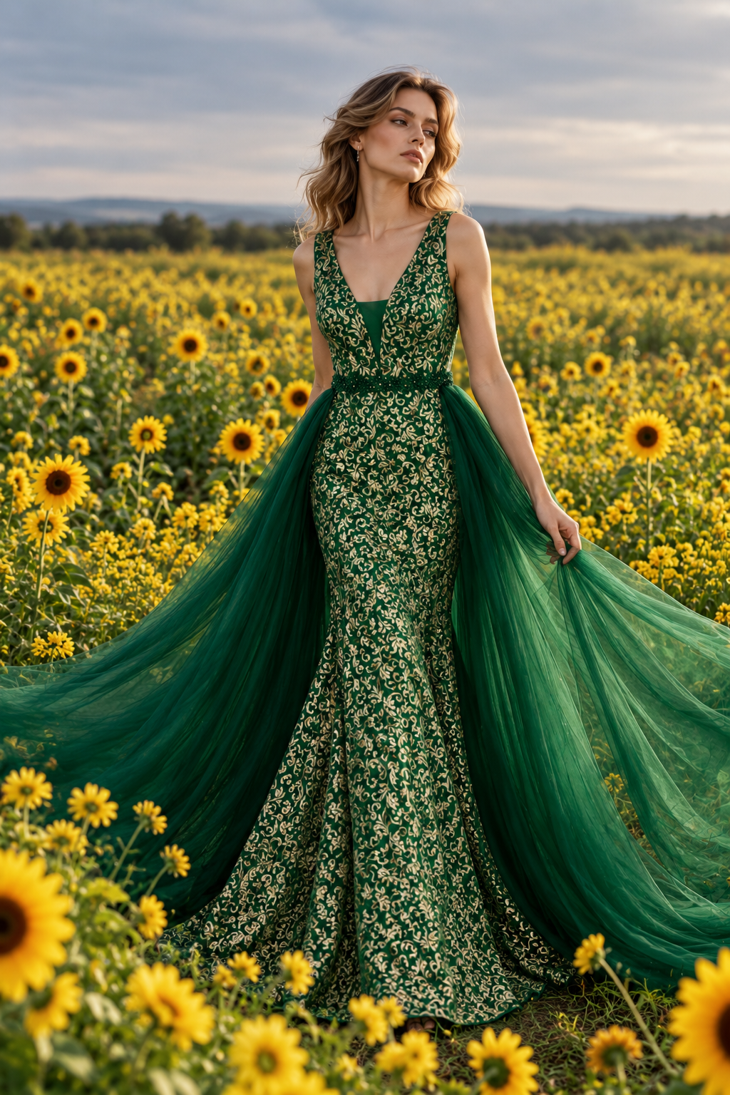 Vestido largo bordado con capa de tul Lumière