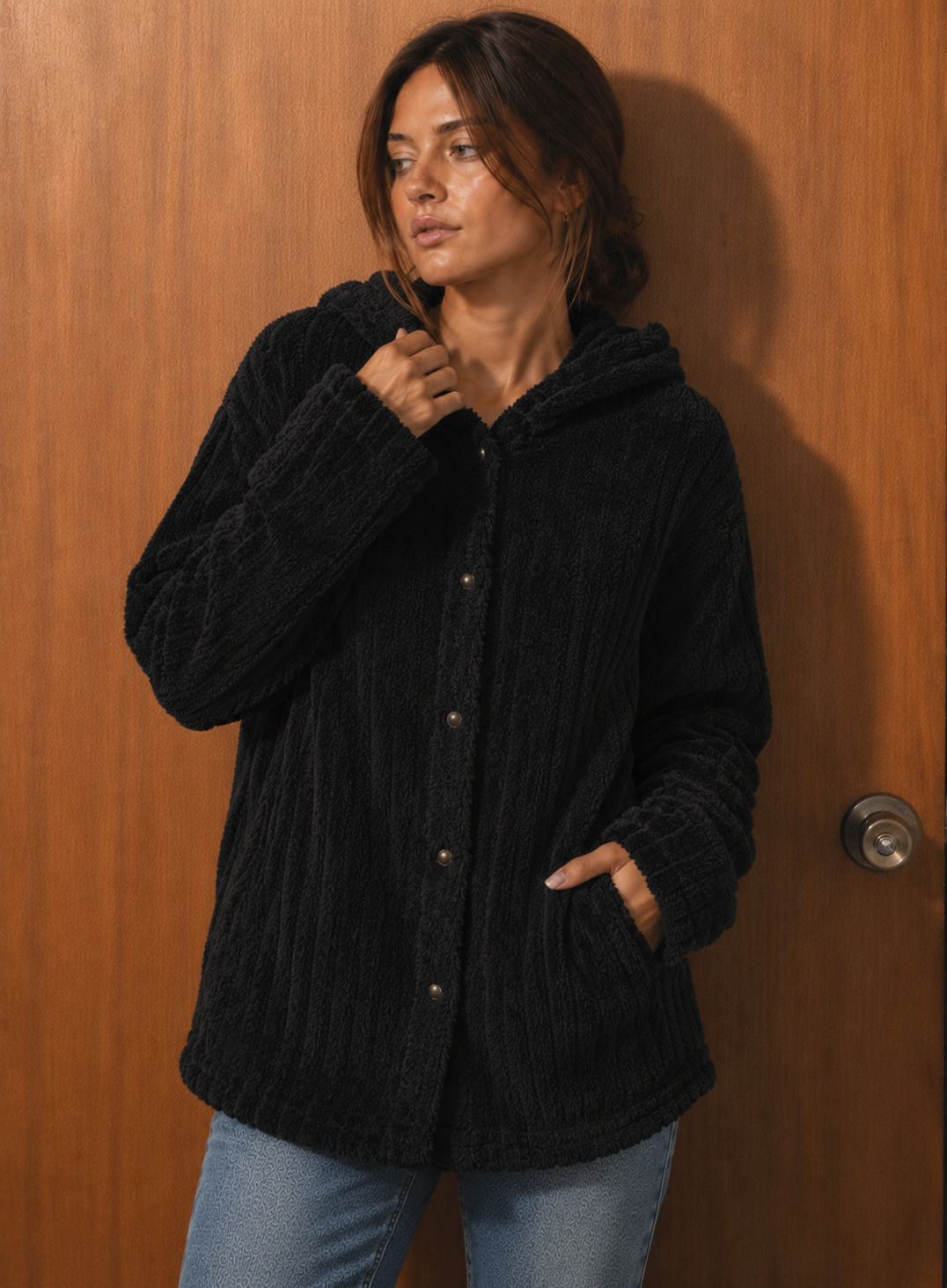 Chaqueta Teddy con Capucha Texturizada