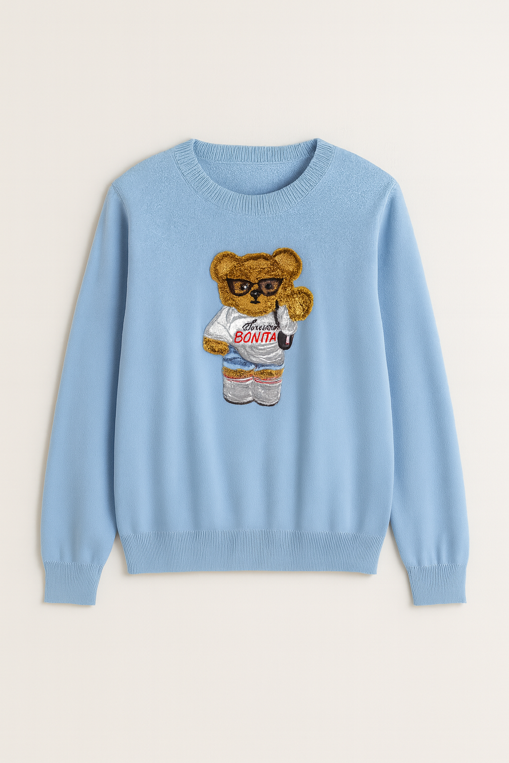 Green Sweater with Teddy Bear Embroidery “Pretty and Chic”