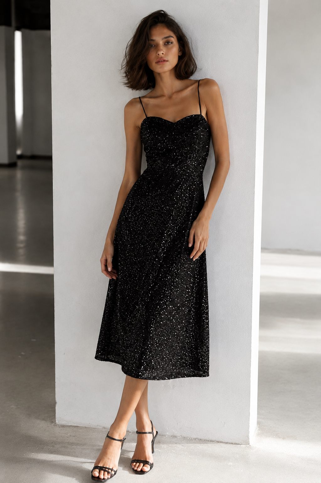Vestido midi de tirantes con acabado brillante Aura