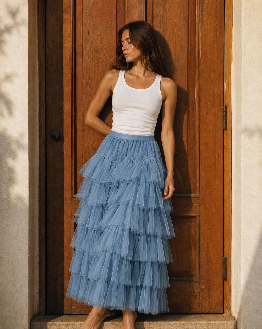 Falda Maxi de Tul con Volantes