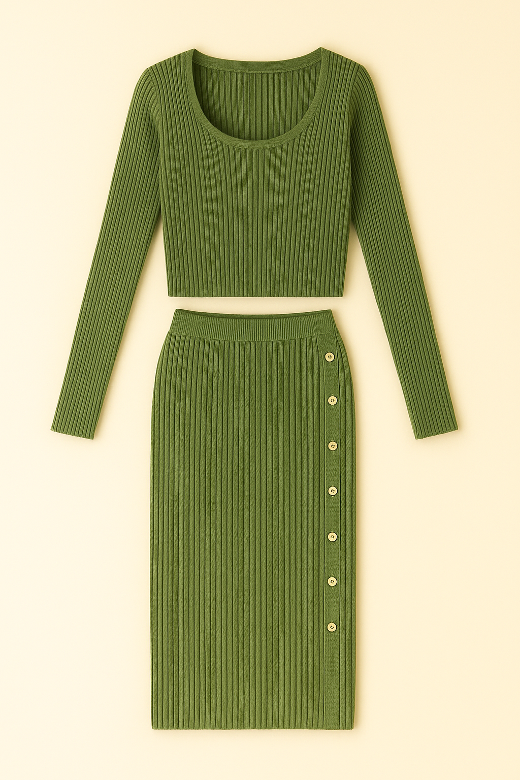 Conjunto punto canalé con falda midi abotonada