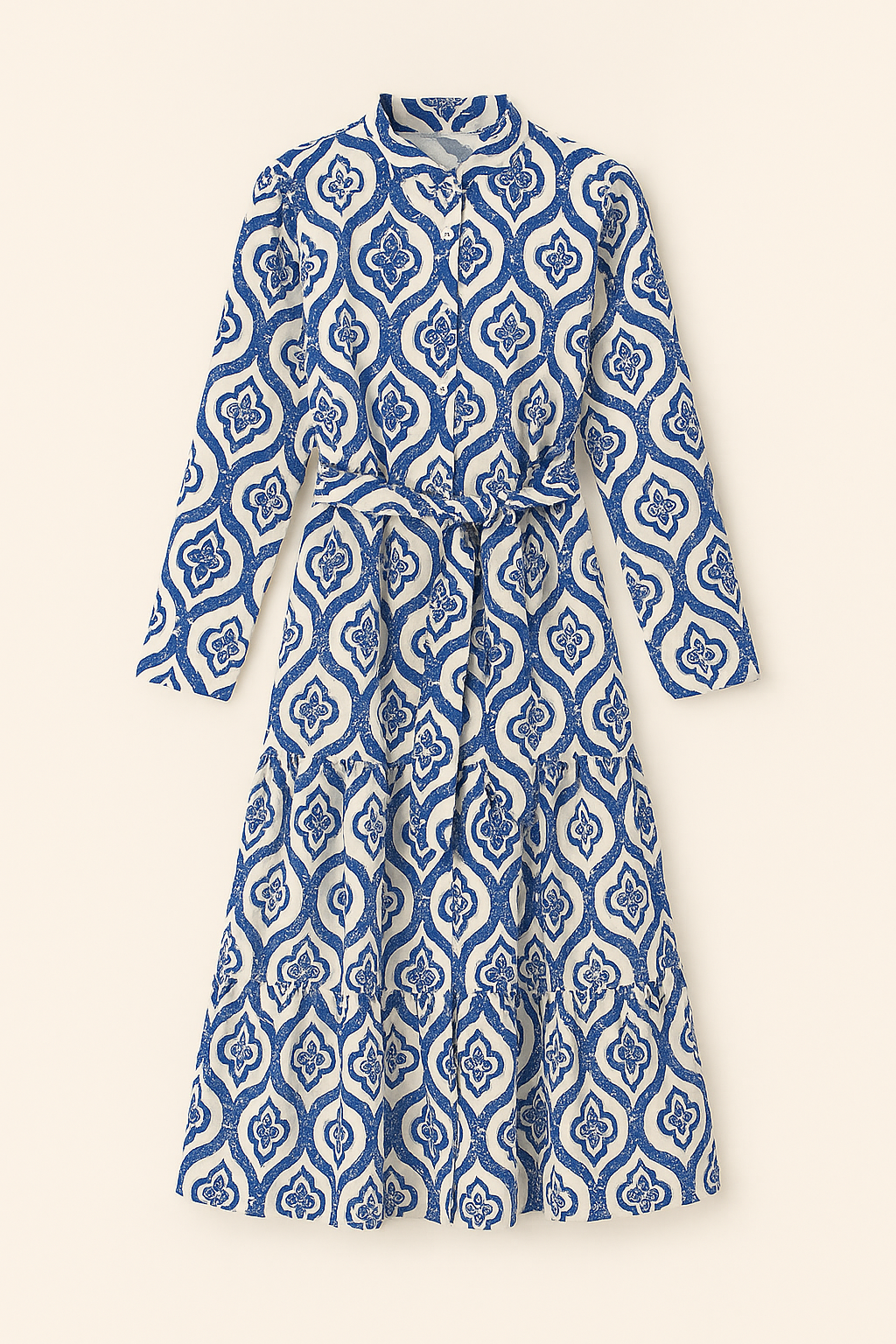 Vestido largo estampado geométrico con cinturón ajustable