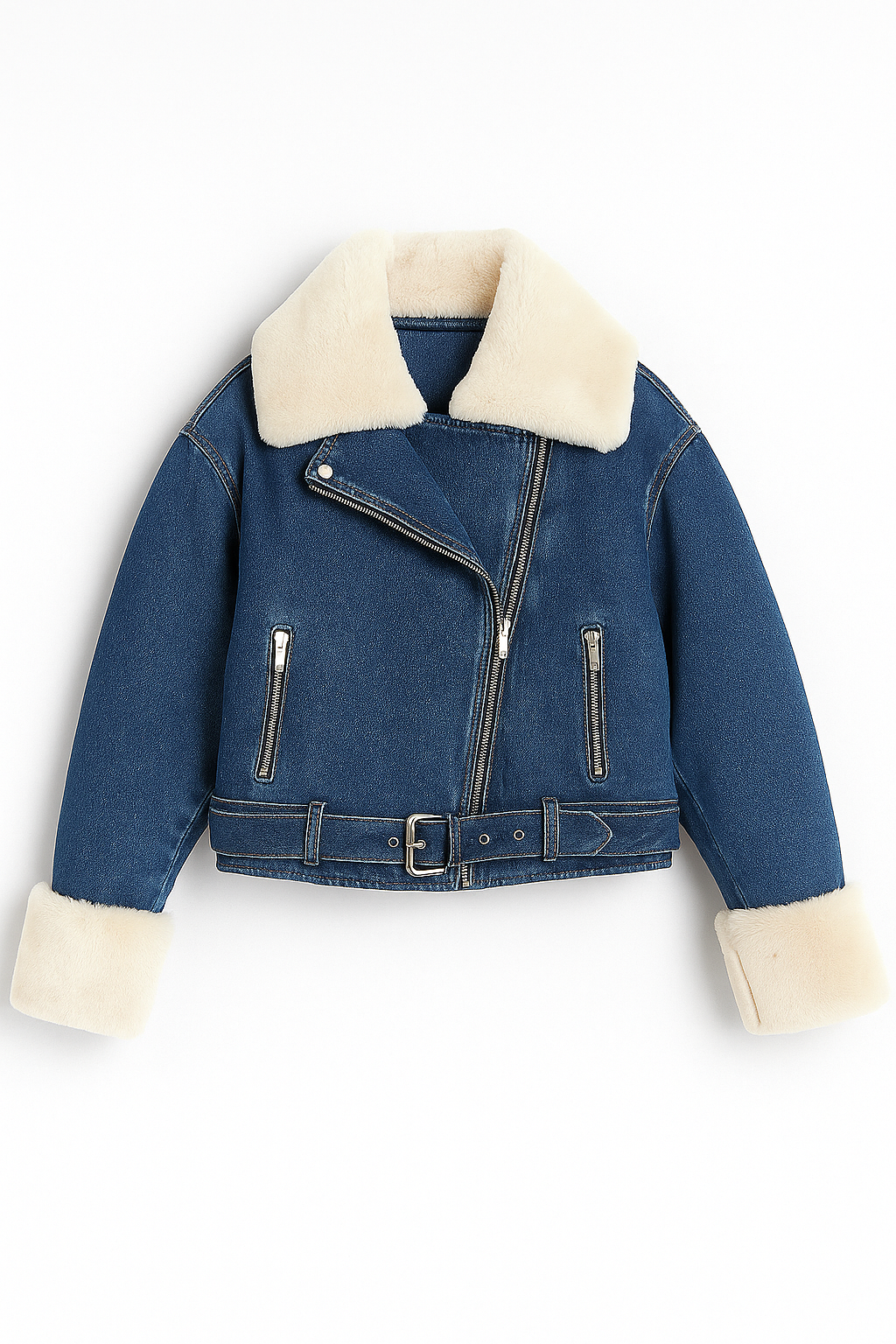 Chaqueta biker corta con cuello efecto borrego