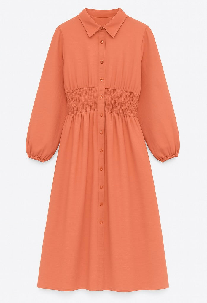 Vestido camisero midi con cintura fruncida