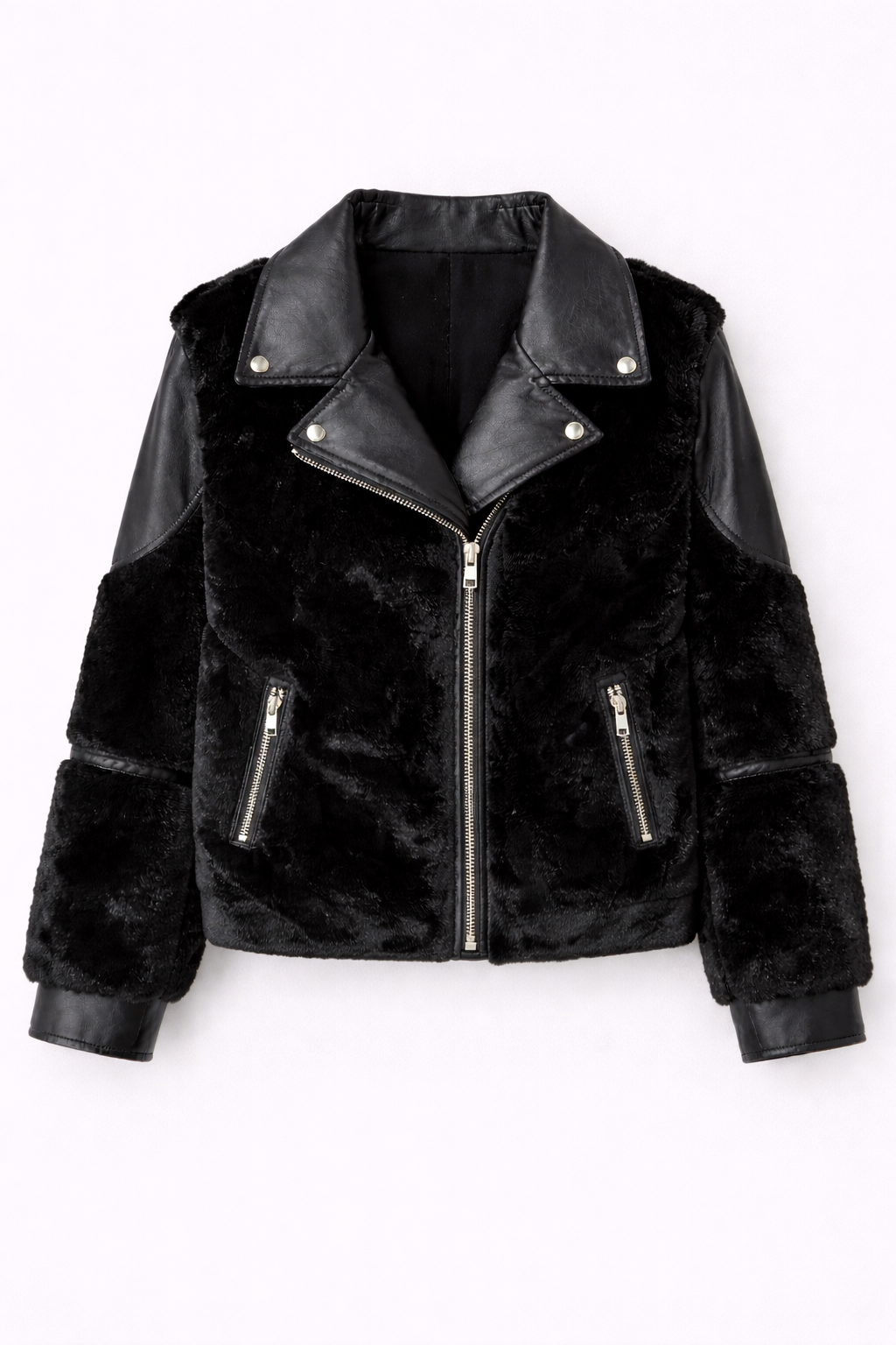 Chaqueta corta efecto pelo con detalles biker