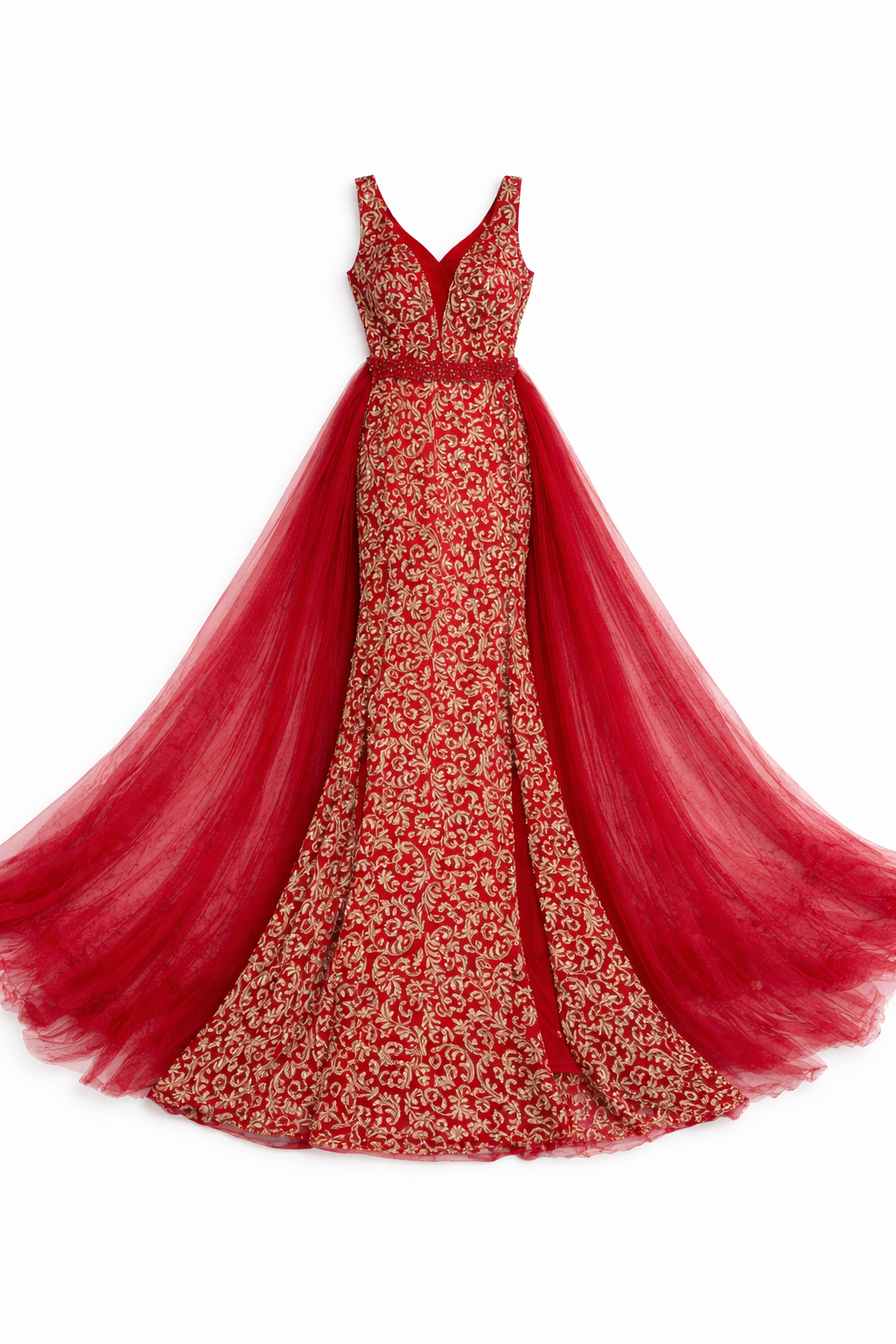 Vestido largo bordado con capa de tul Lumière