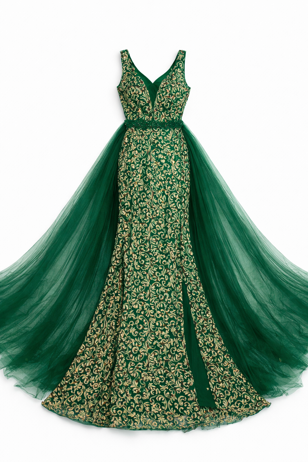 Vestido largo bordado con capa de tul Lumière