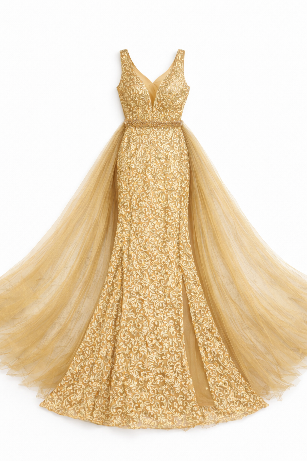 Vestido largo bordado con capa de tul Lumière