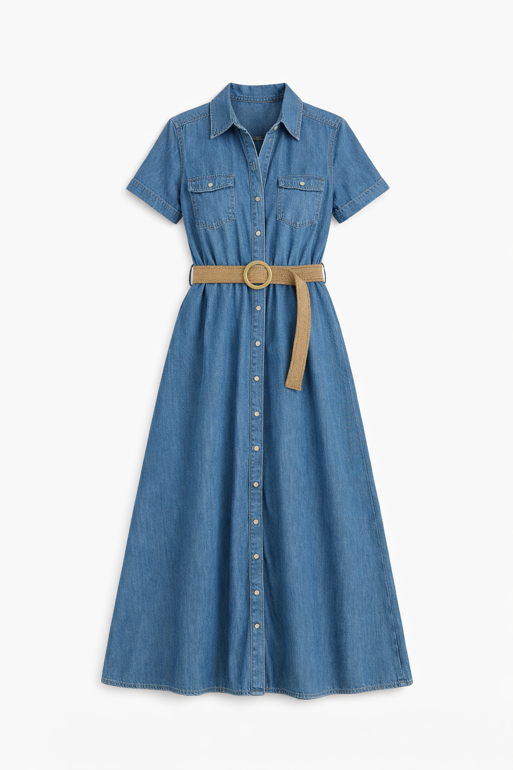 Vestido camisero denim con cinturón natural